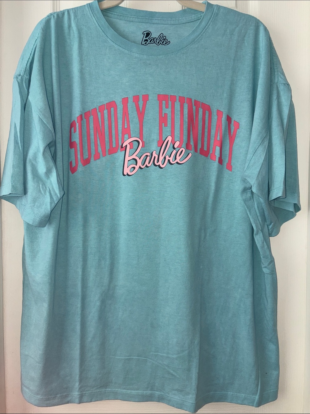Barbie oversized Light Blue Tee with Hot Pink 'Sunday Funday' pool summer M